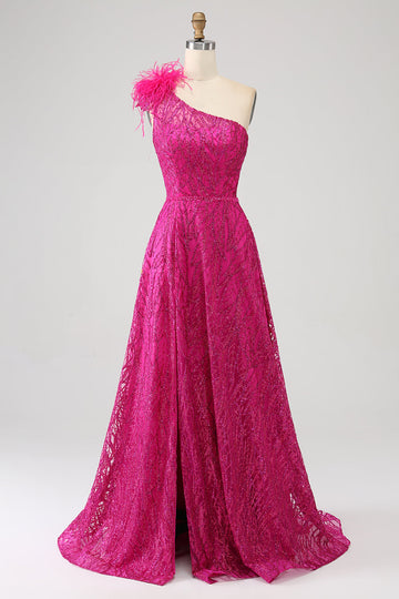 Fuchsia A-Line en skulder Feather Paillet, Lang gallakjole med slids